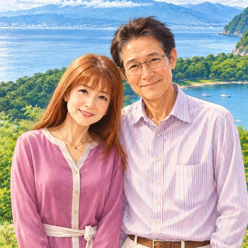 富士山を望む水彩画の夫婦